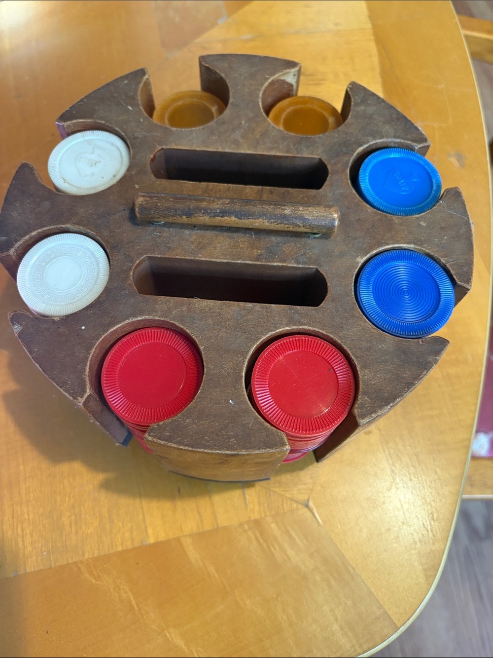Vintage Wooden Chip Carousel Game Set with Red, Blue, White, and Yellow Chips